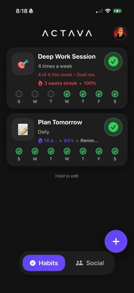 actava Habits screen with weekly streaks and goal progress